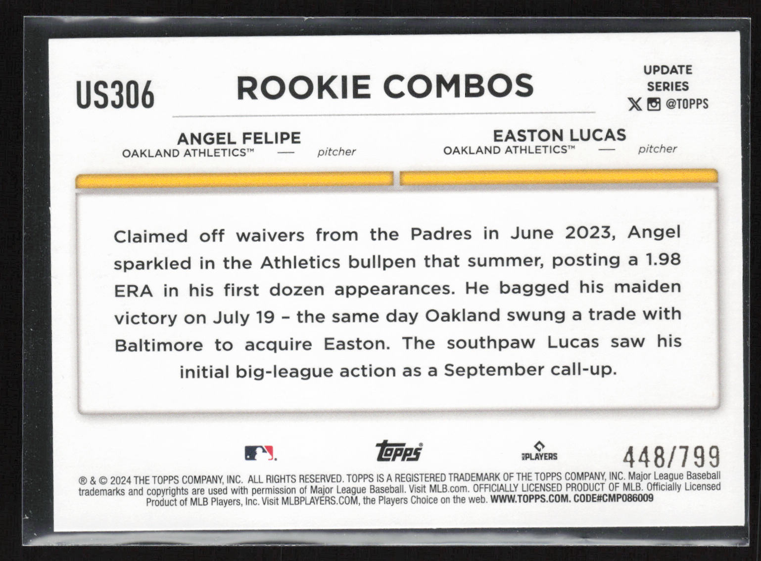 2024 Topps Update #US306 Easton Lucas / Angel Felipe RCOM Purple Holofoil