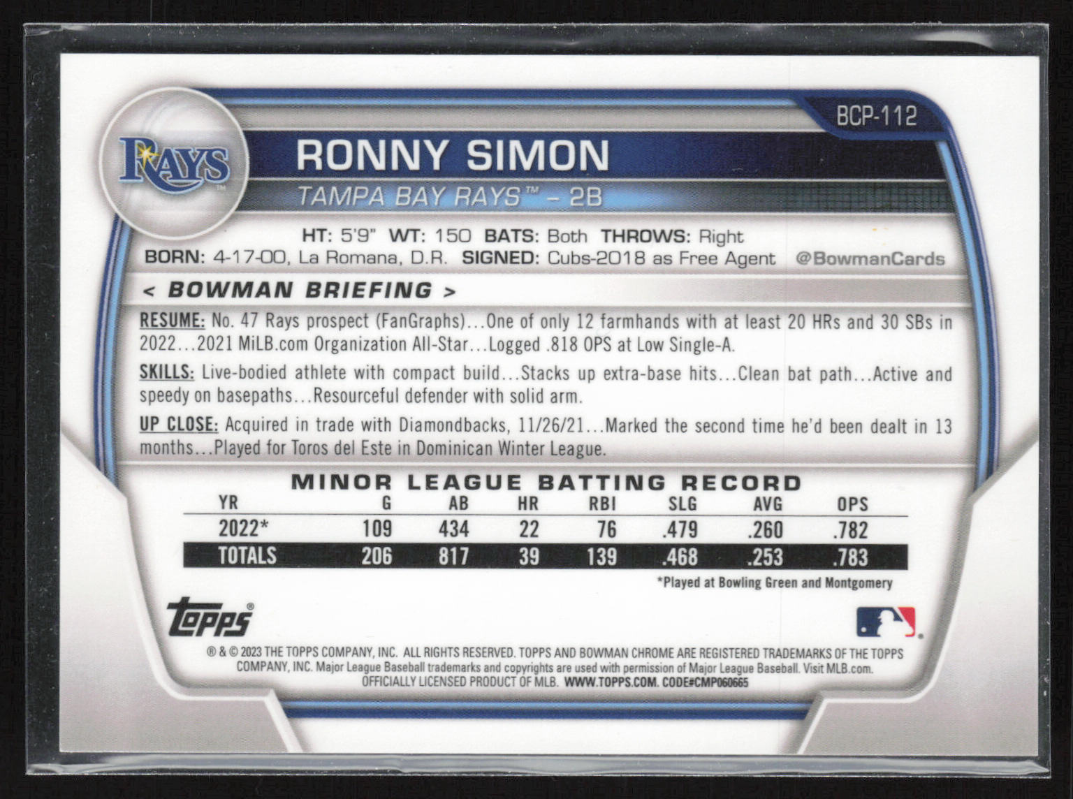 2023 Bowman #BCP-112 Ronny Simon Chrome Prospects Blue Refractors #/150
