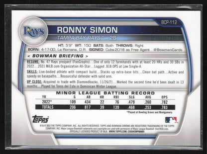 2023 Bowman #BCP-112 Ronny Simon Chrome Prospects Blue Refractors #/150
