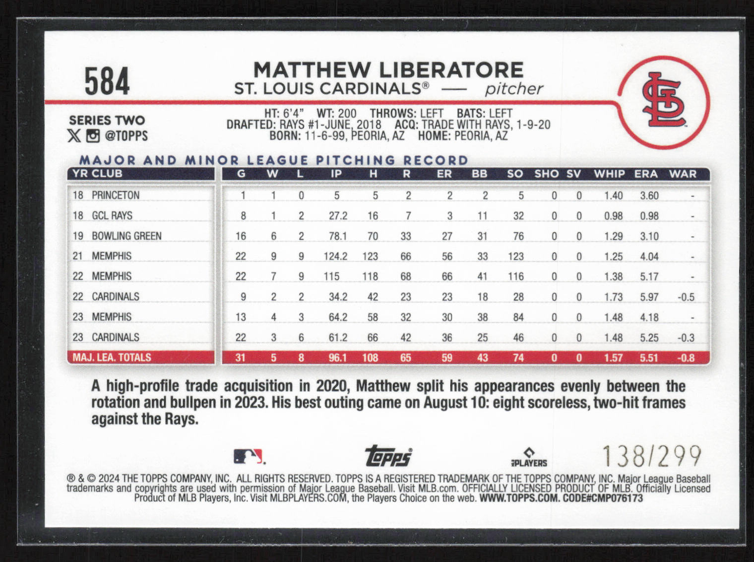 2024 Topps #584 Matthew Liberatore Orange Crackle Foil #/299