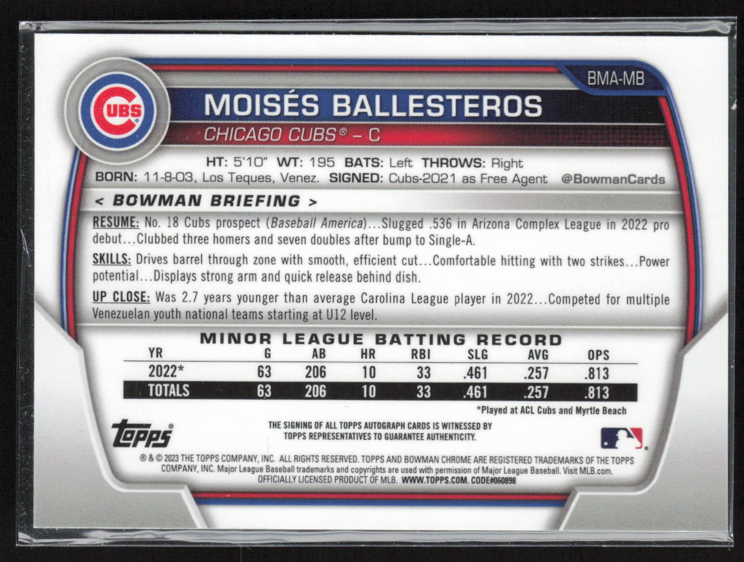 2023 Bowman #BMA-MB Moisés Ballesteros Chrome Prospects Autographs Refractors