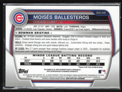 2023 Bowman #BMA-MB Moisés Ballesteros Chrome Prospects Autographs Refractors