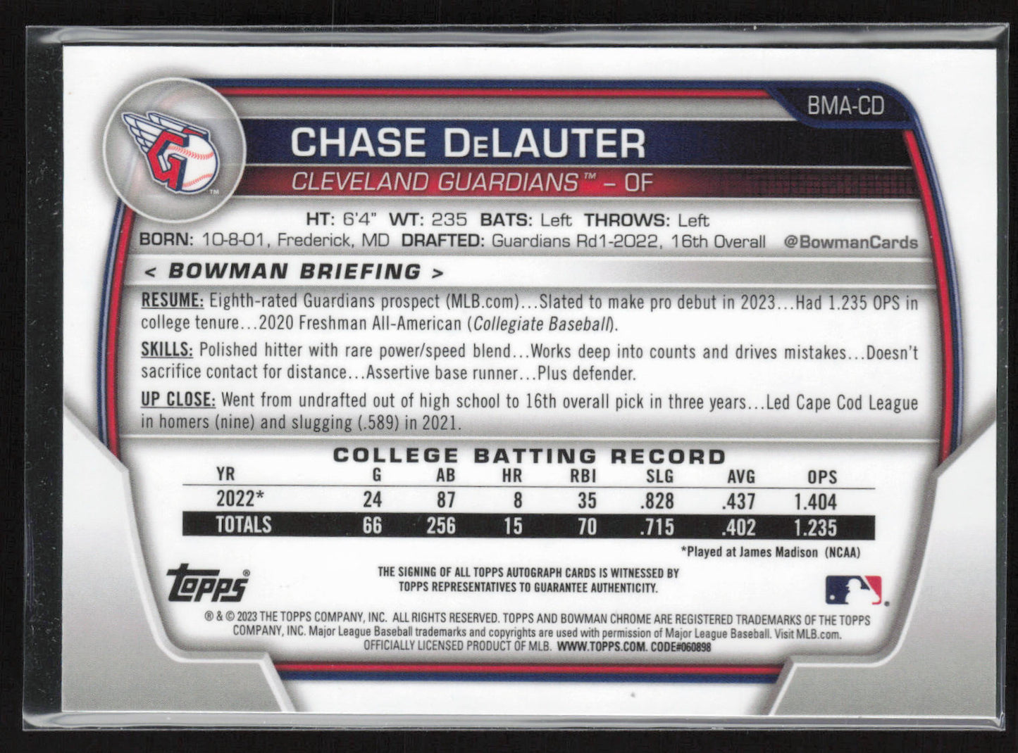2023 Bowman #BMA-CD Chase DeLauter Chrome Prospects Auto Mojo Refractors