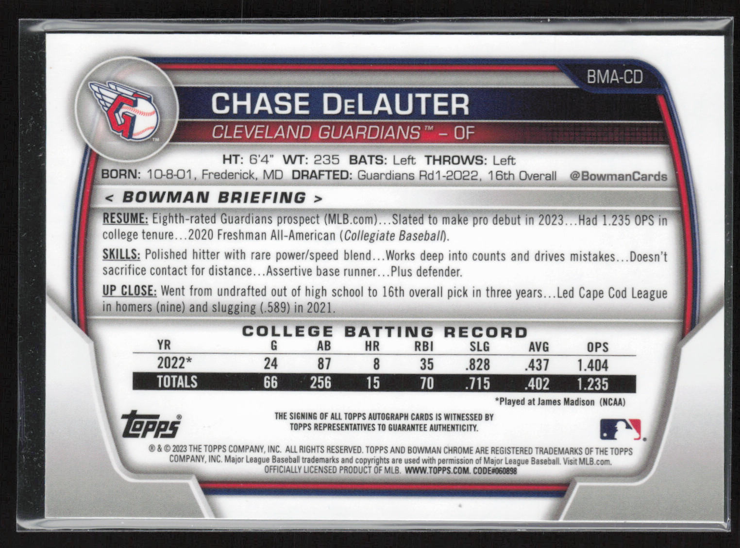 2023 Bowman #BMA-CD Chase DeLauter Chrome Prospects Auto Mojo Refractors