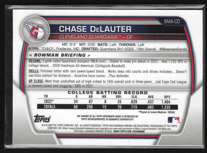 2023 Bowman #BMA-CD Chase DeLauter Chrome Prospects Auto Mojo Refractors