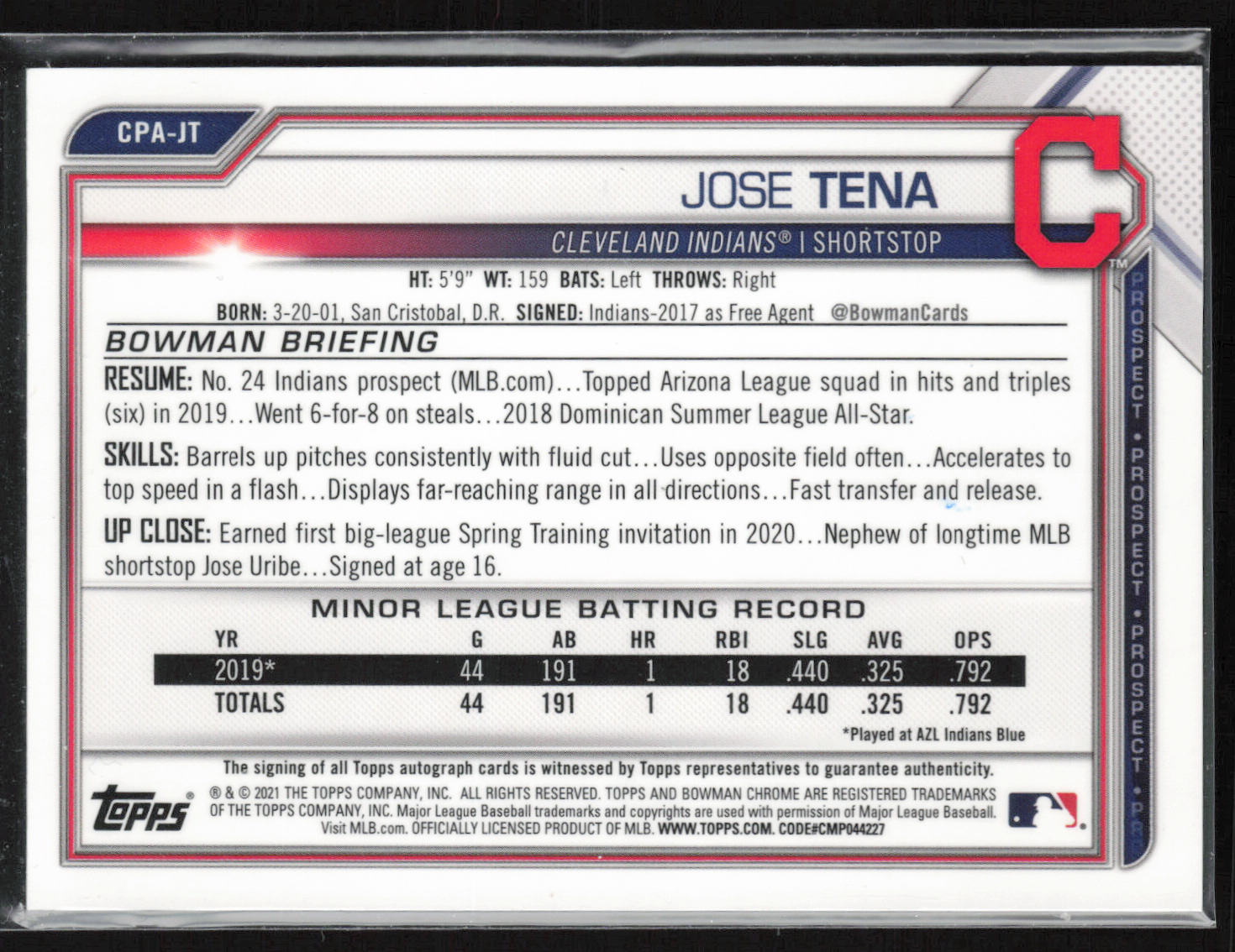 2021 Bowman #CPA-JT Jose Tena Chrome Prospect Autographs