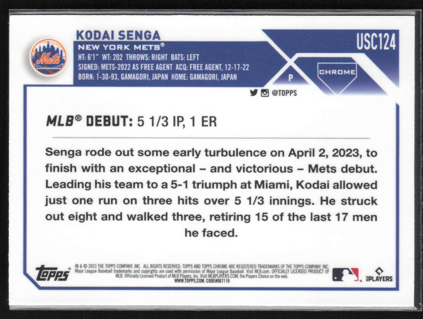2023 Topps Chrome Update #USC124 Kodai Senga Refractor