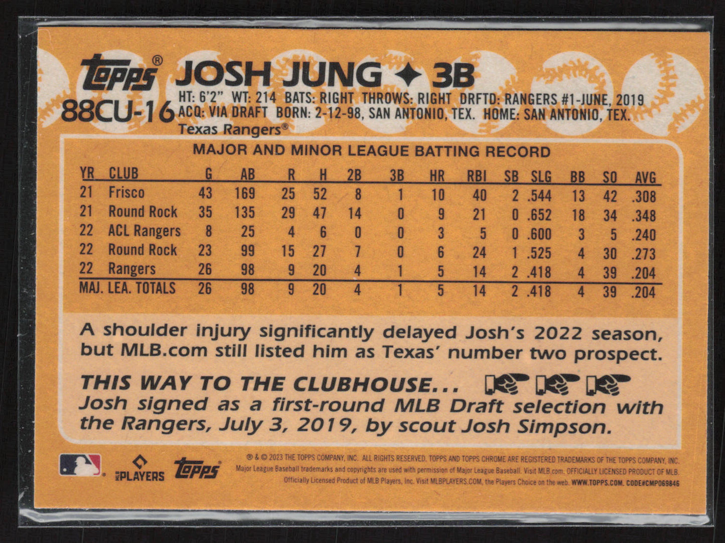 2023 Topps Chrome Update #88CU-16 Josh Jung 1988 Topps Baseball 35th Anniversary