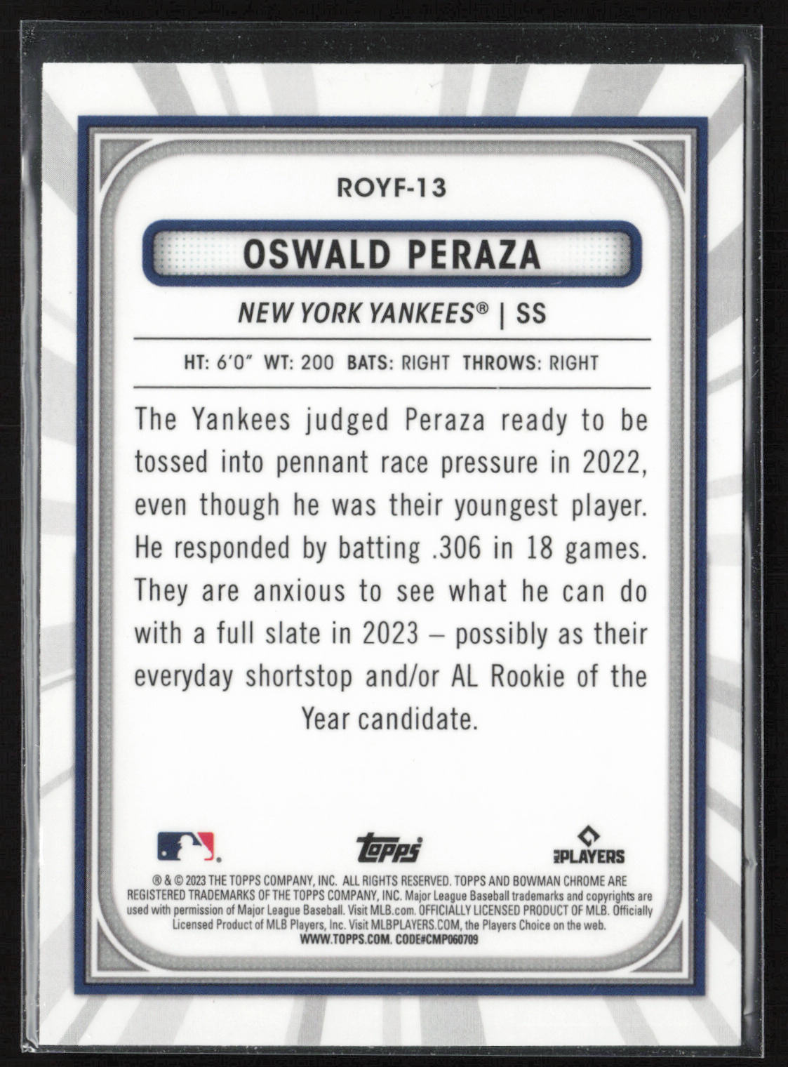 2023 Bowman #ROYF-13 Oswald Peraza Rookie of the Year Favorites