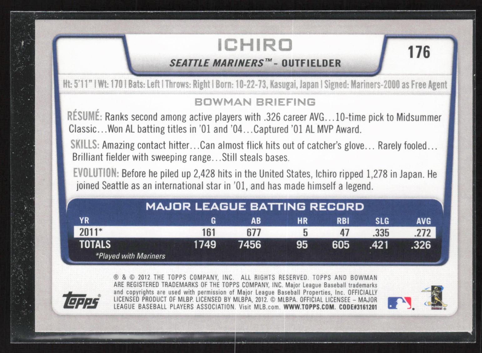 2012 Bowman #176 Ichiro Suzuki Gold