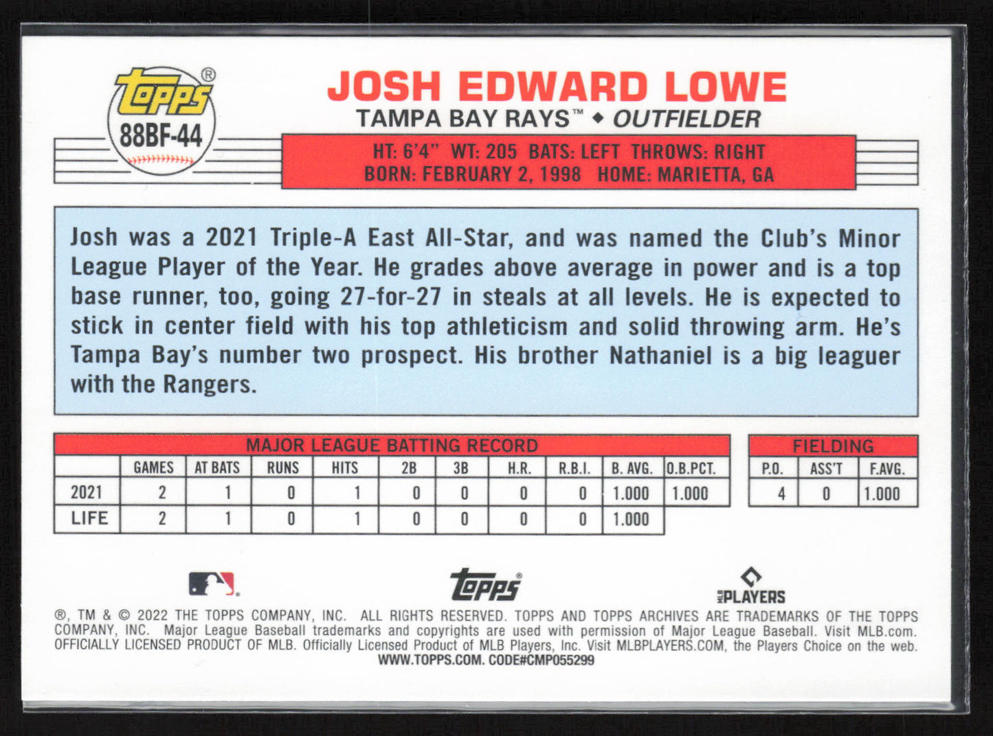 2022 Topps Archives #88BF-44 Josh Lowe 1988 Topps Big Foil