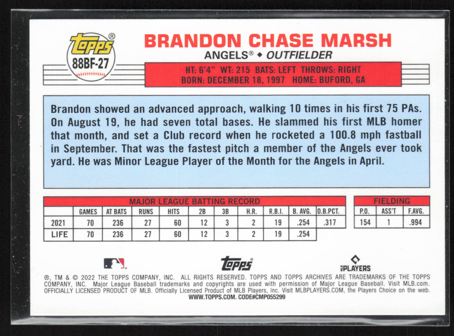 2022 Topps Archives #88BF-27 Brandon Marsh 1988 Topps Big Foil