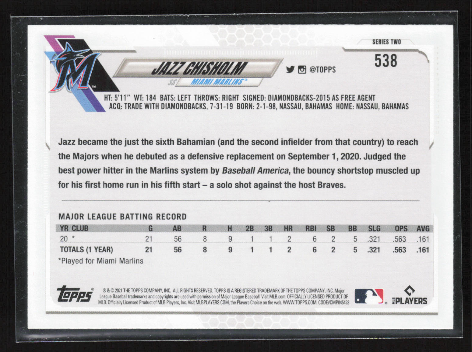 2021 Topps #538a Jazz Chisholm