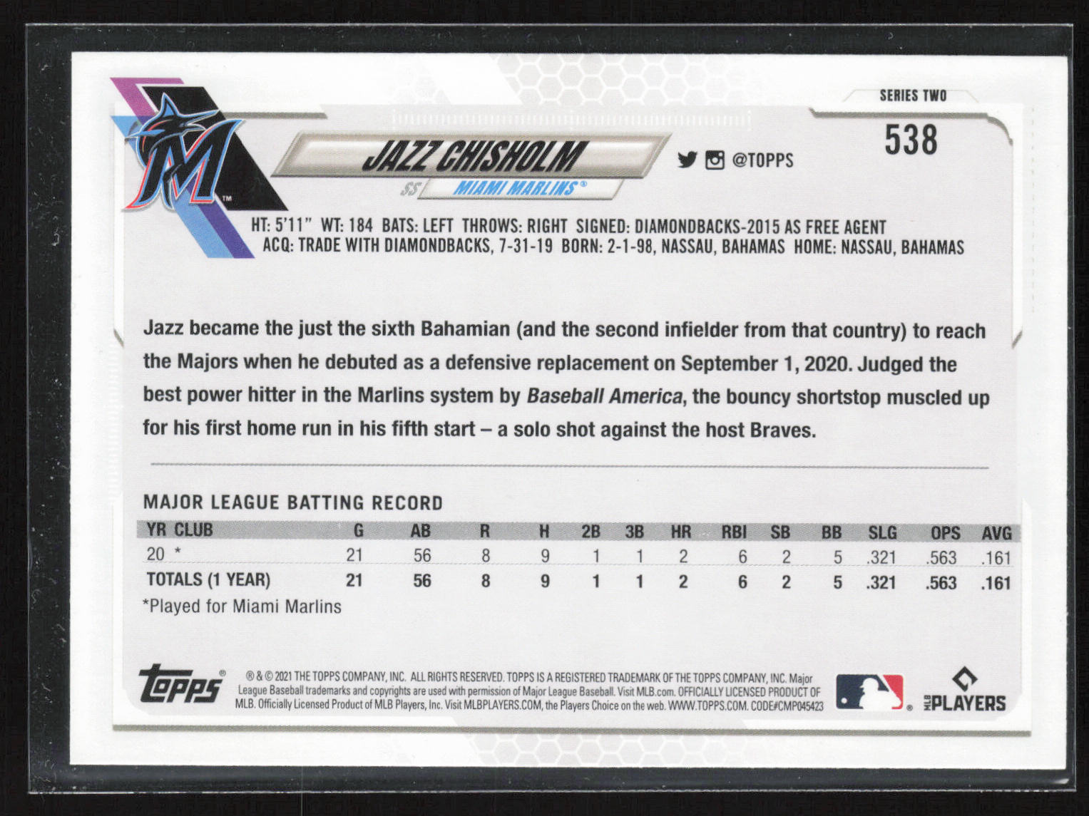 2021 Topps #538a Jazz Chisholm