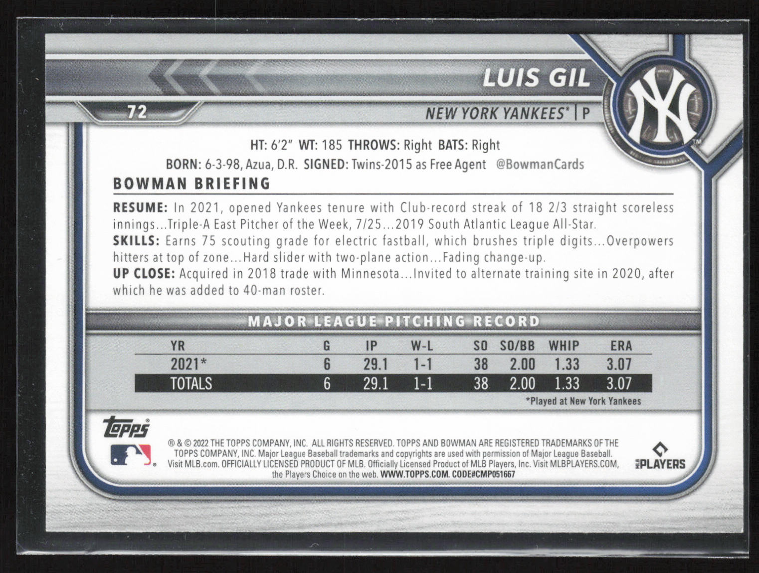 2022 Bowman #72 Luis Gil