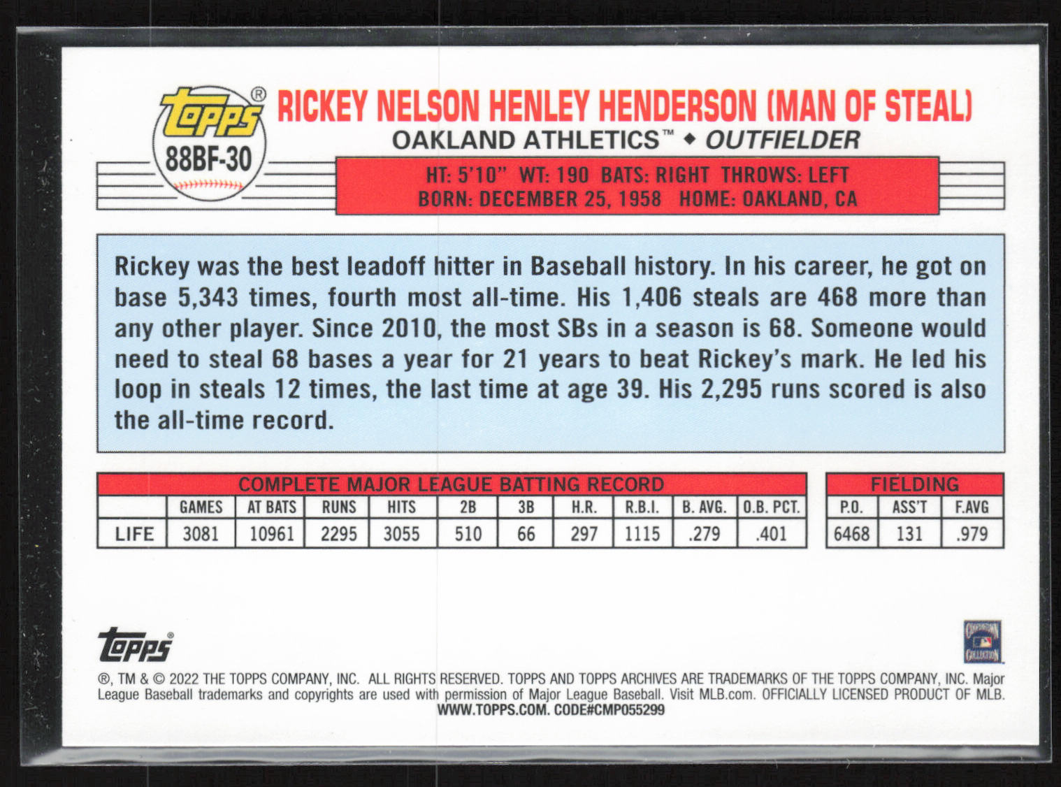 2022 Topps Archives #88BF-30 Rickey Henderson 1988 Topps Big Foil