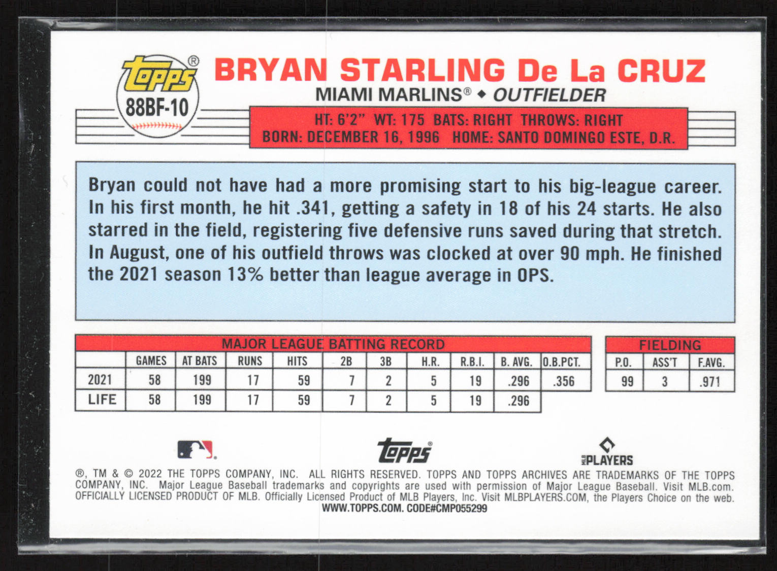 2022 Topps Archives #88BF-10 Bryan De La Cruz 1988 Topps Big Foil Autographs