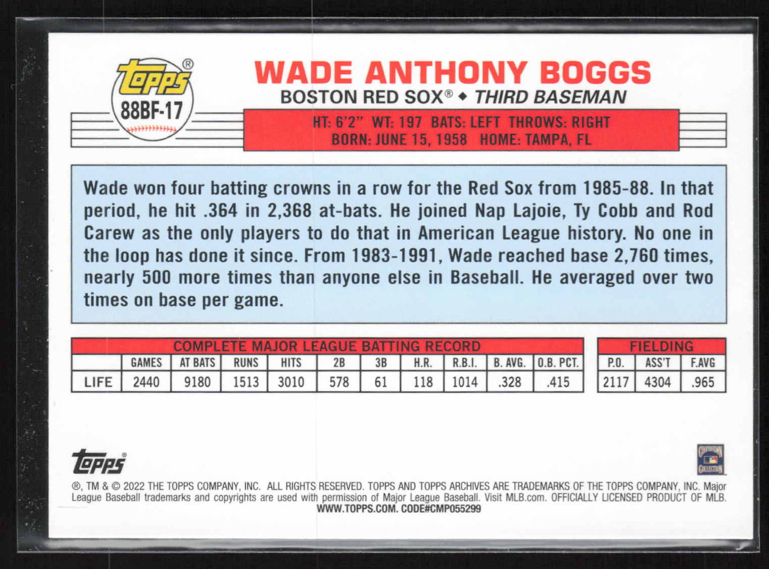 2022 Topps Archives #88BF-17 Wade Boggs 1988 Topps Big Foil