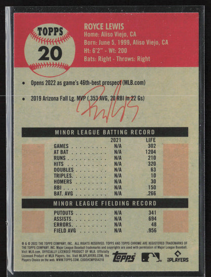 2022 Topps Chrome Platinum Anniversary #20 Royce Lewis Blue Prism Refractor