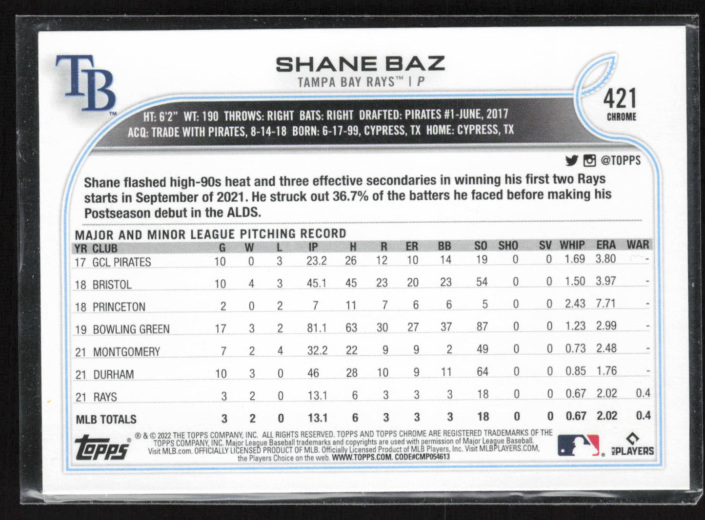 2022 Topps #421 Shane Baz Rookie Image Variations
