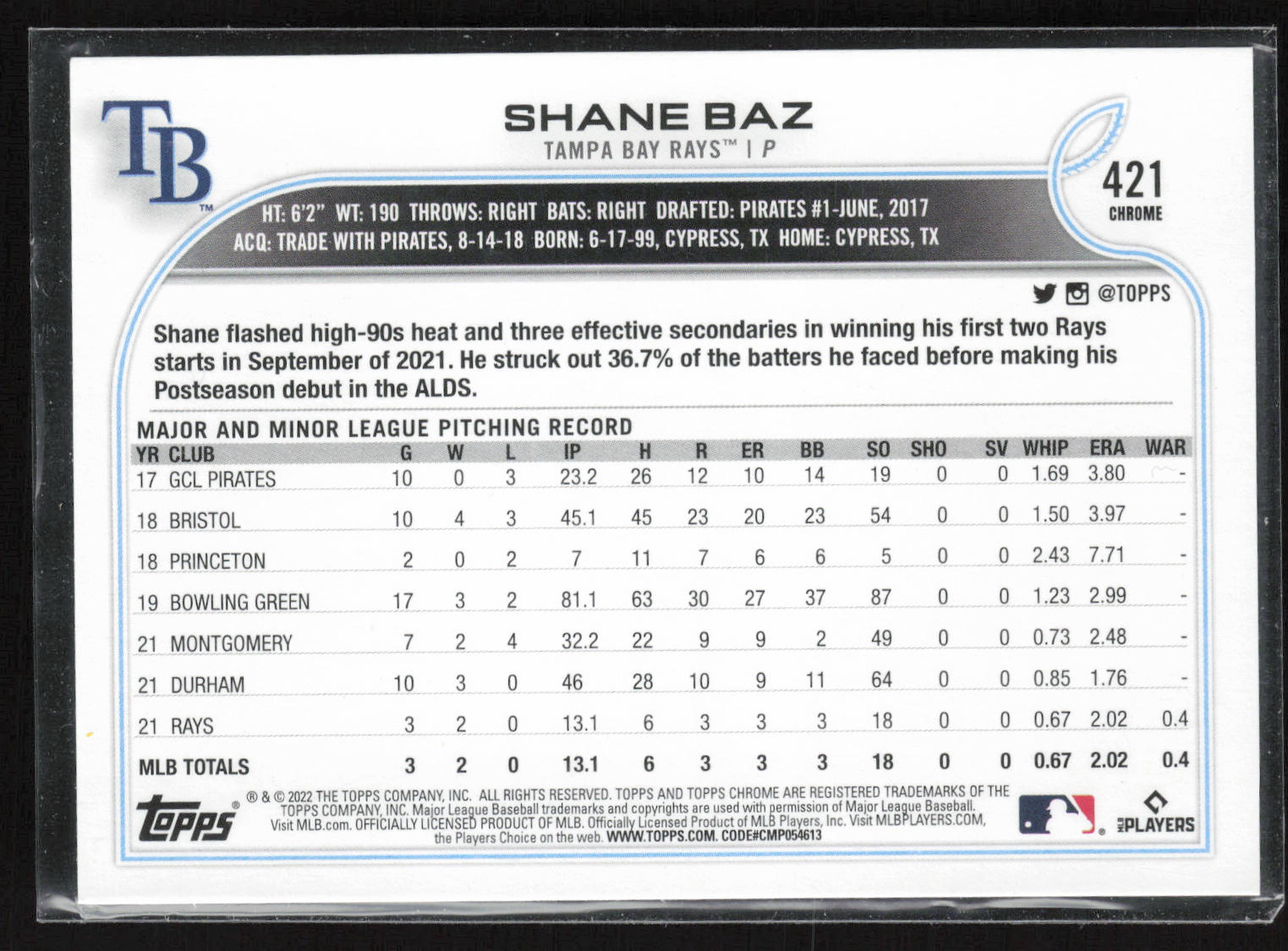2022 Topps #421 Shane Baz Rookie Image Variations
