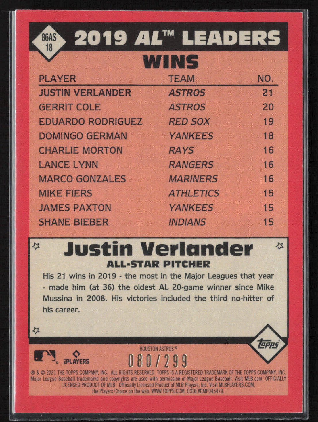 2021 Topps #86AS-18 Justin Verlander 1986 Topps 35th Anniv. All-Stars Black