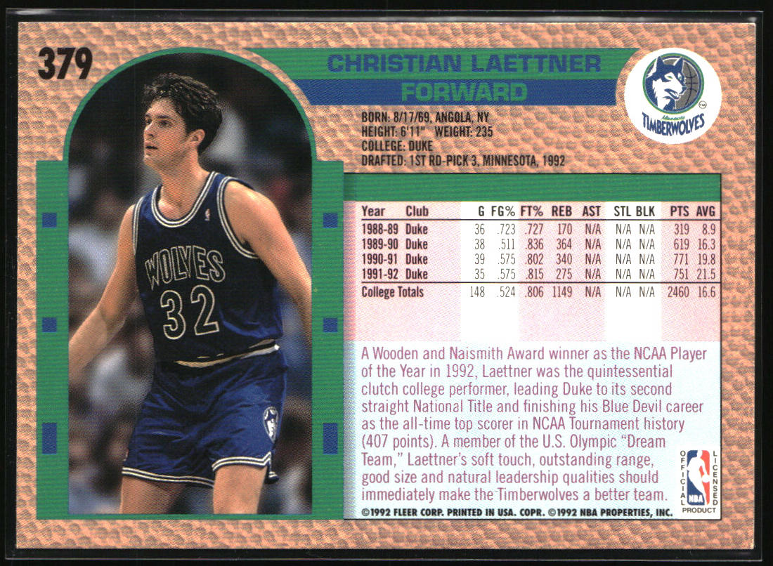 1992-93 Fleer #379 Christian Laettner