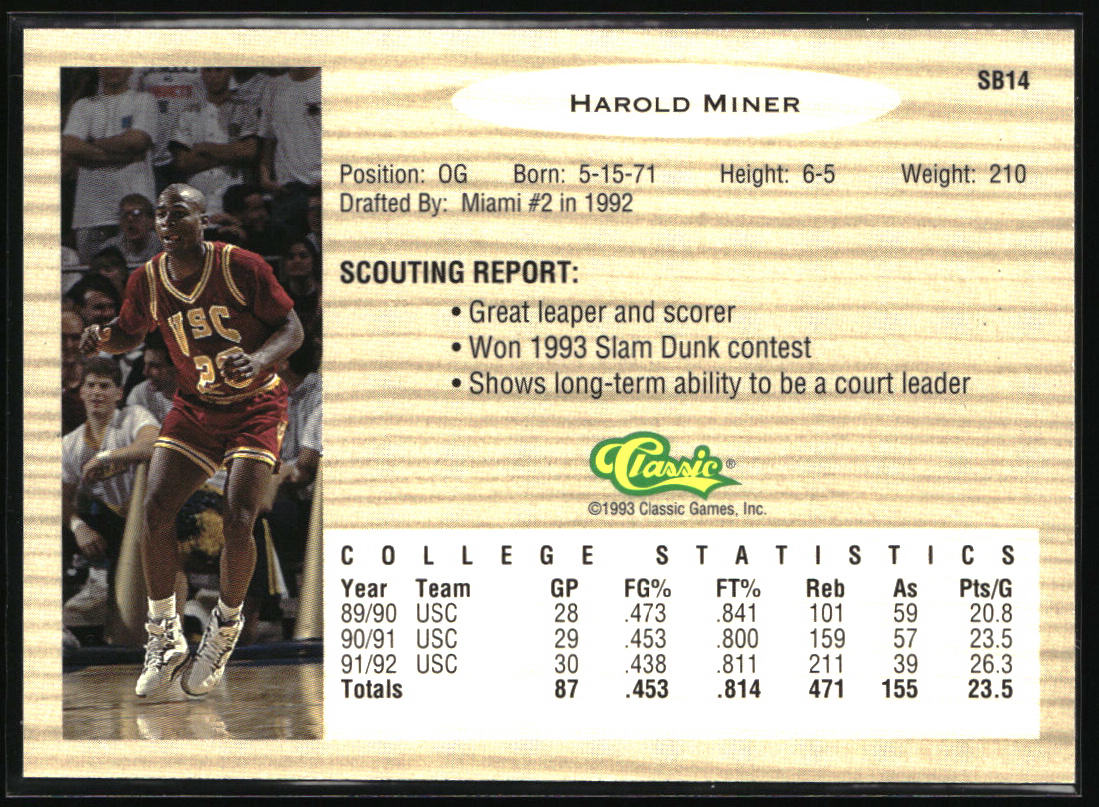 1993 Classic Draft Picks #SB14 Harold Miner Special Bonus