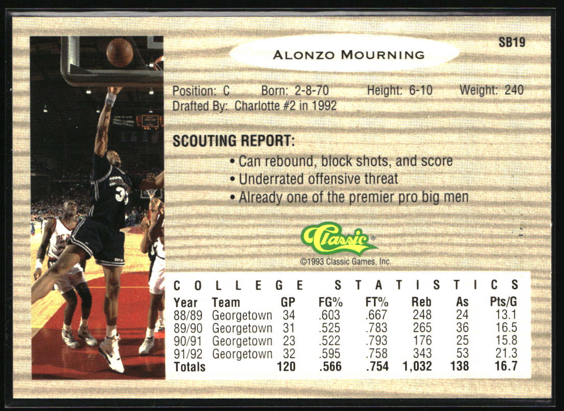 1993 Classic Draft Picks #SB19 Alonzo Mourning Special Bonus