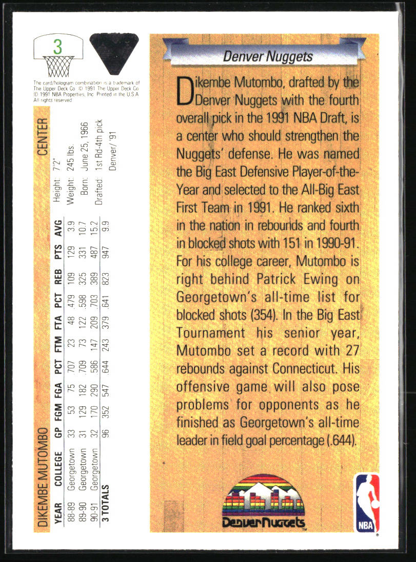 1991-92 Upper Deck #3 Dikembe Mutombo