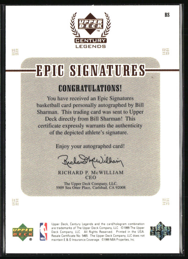 1999 Upper Deck Century Legends #B8 Bill Sharman Epic Signatures