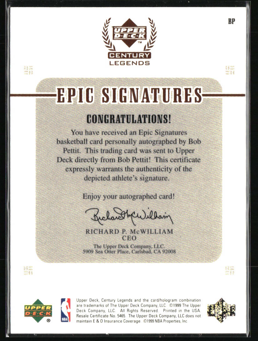 1999 Upper Deck Century Legends #BP Bob Pettit Epic Signatures