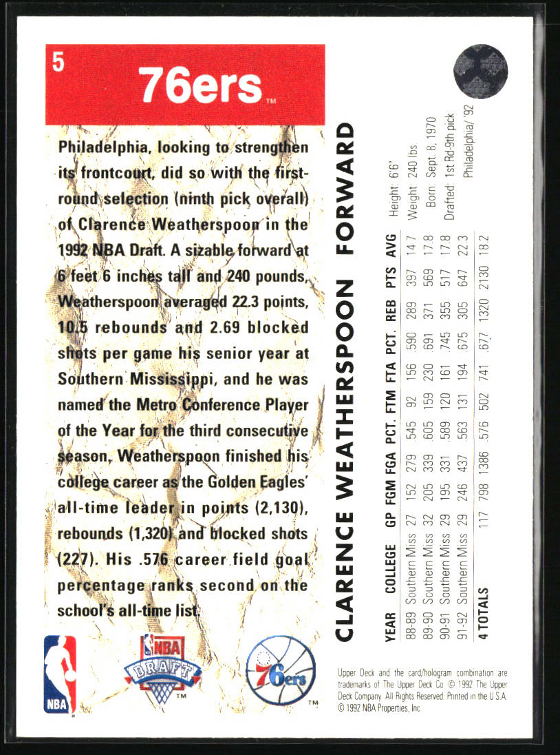 1992-93 Upper Deck #5b Clarence Weatherspoon