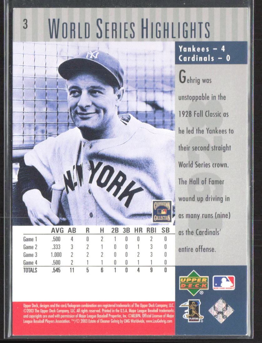 2003 Upper Deck Yankees 100th Anniversary #3 Lou Gehrig