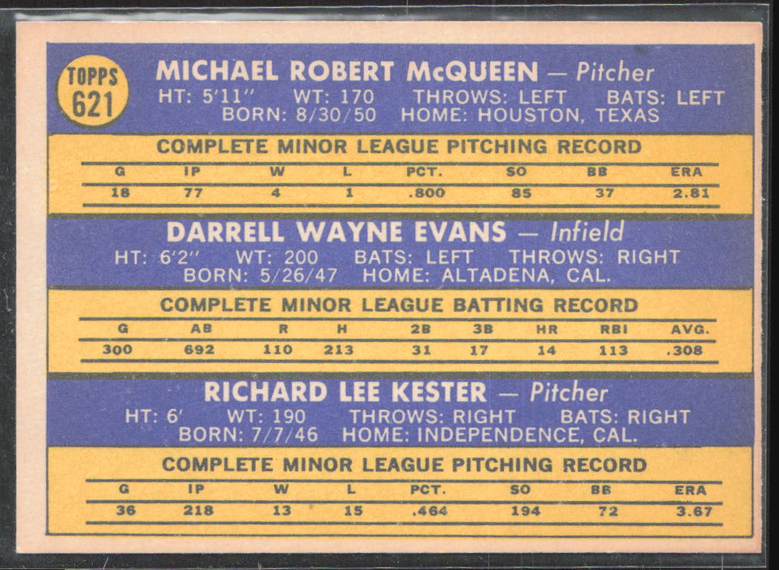 1970 Topps #621 Rookie Stars (Mike McQueen / Darrell Evans / Rick Kester)