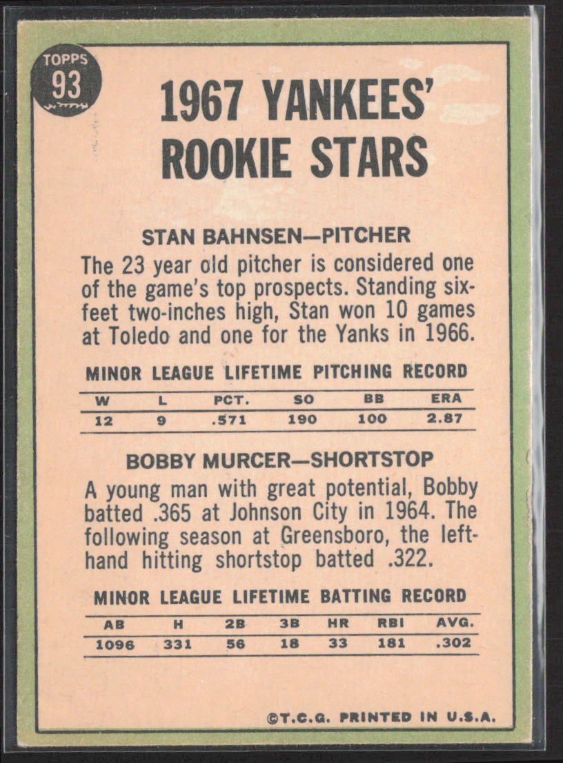 1967 Topps #93 Yankees 1967 Rookie Stars (Stan Bahnsen / Bobby Murcer)