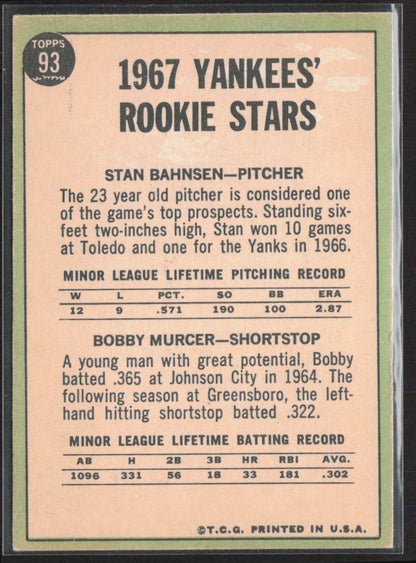 1967 Topps #93 Yankees 1967 Rookie Stars (Stan Bahnsen / Bobby Murcer)