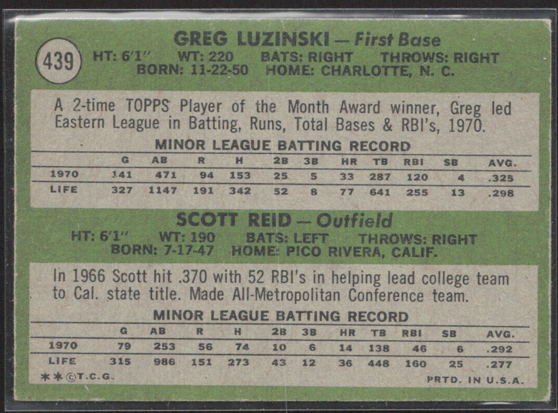 1971 Topps #439 Phillies 1971 Rookie Stars (Greg Luzinski / Scott Reid)