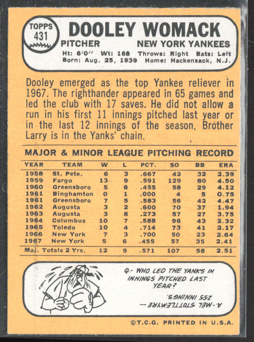 1968 Topps #431 Dooley Womack