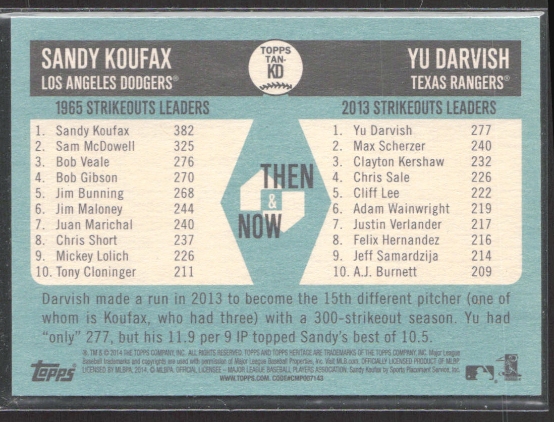 2014 Topps Heritage #TAN-KD Sandy Koufax / Yu Darvish Then & Now