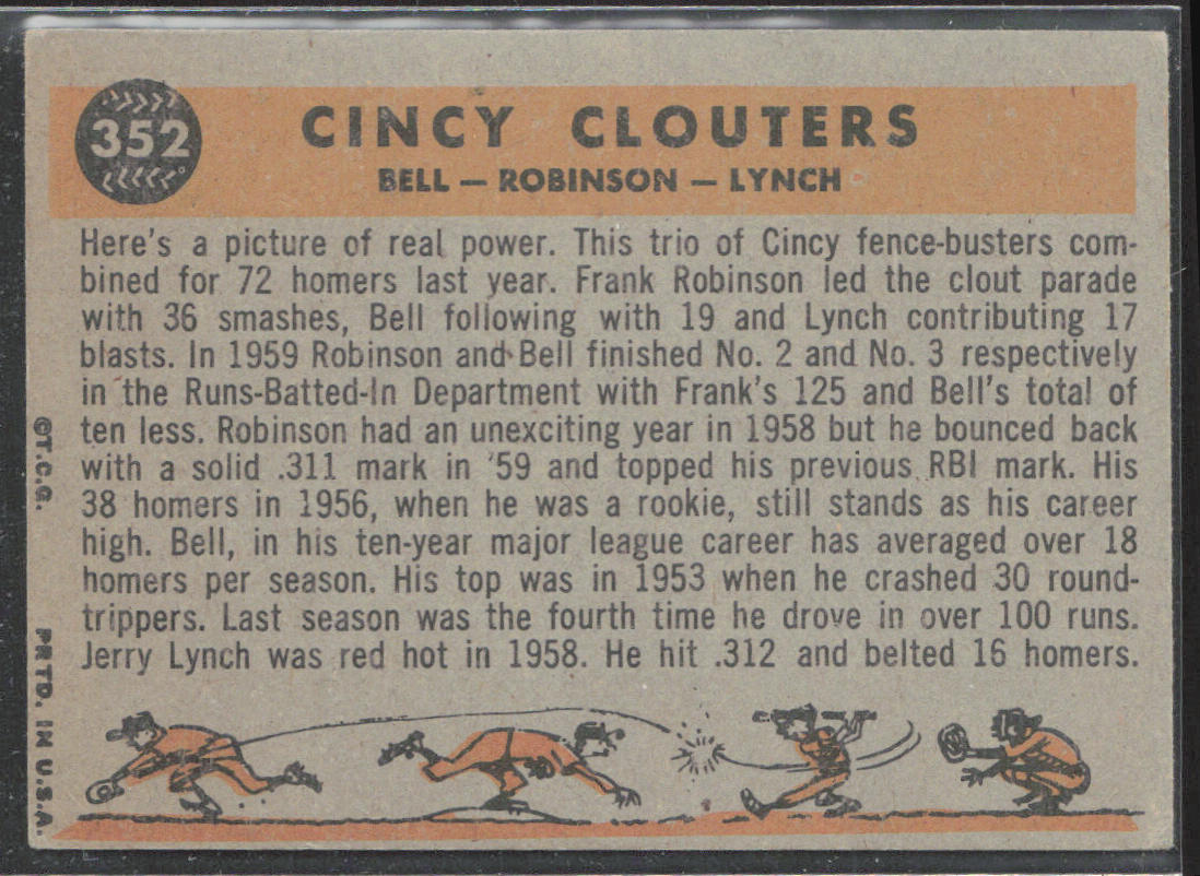 1960 Topps #352 Cincy Clouters (Gus Bell / Frank Robinson / Jerry Lynch) CPC