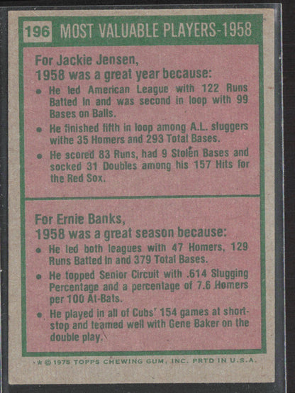 1975 Topps #196 1958 MVPs (Jackie Jensen / Ernie Banks)