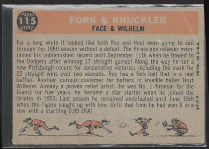 1960 Topps #115 Fork Knuckler (Roy Face / Hoyt Wilhelm) CPC