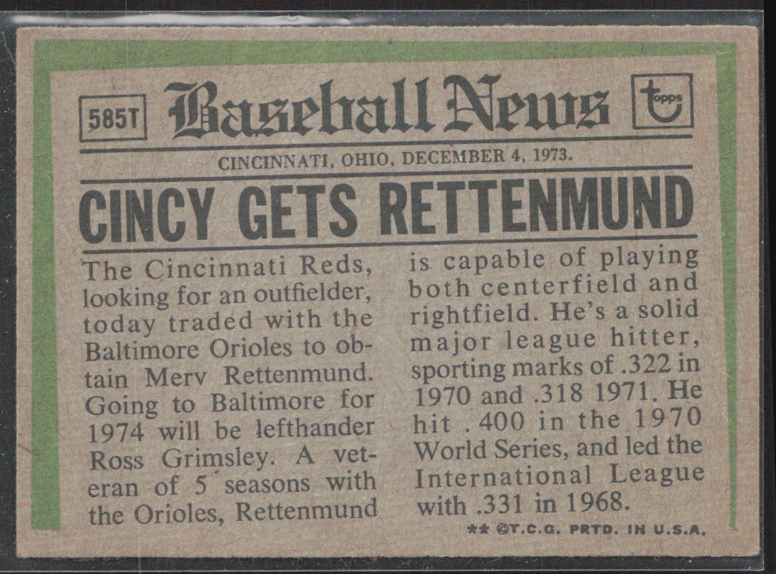 1974 Topps #585T Merv Rettenmund Traded