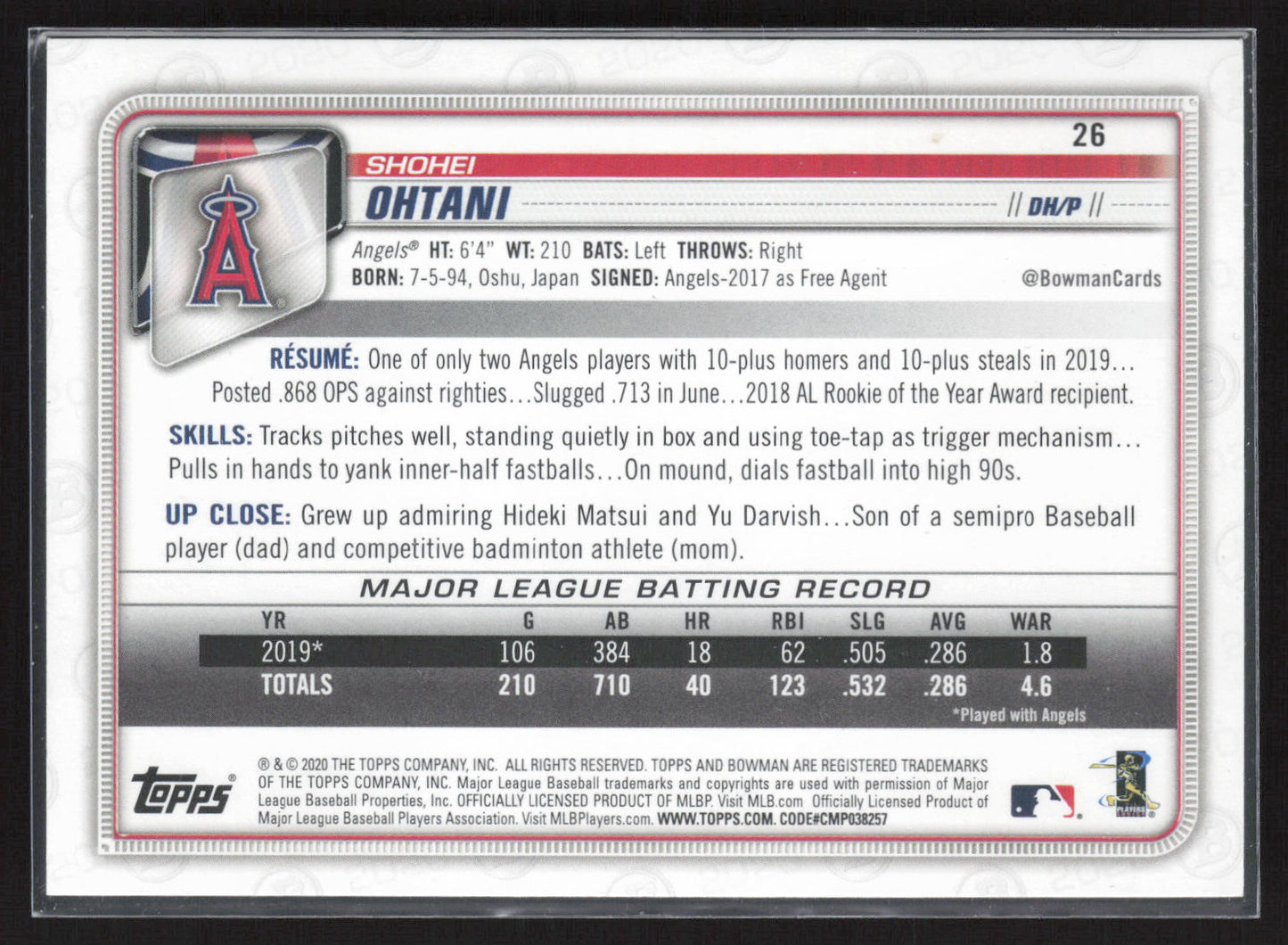 2020 Bowman #26 Shohei Ohtani