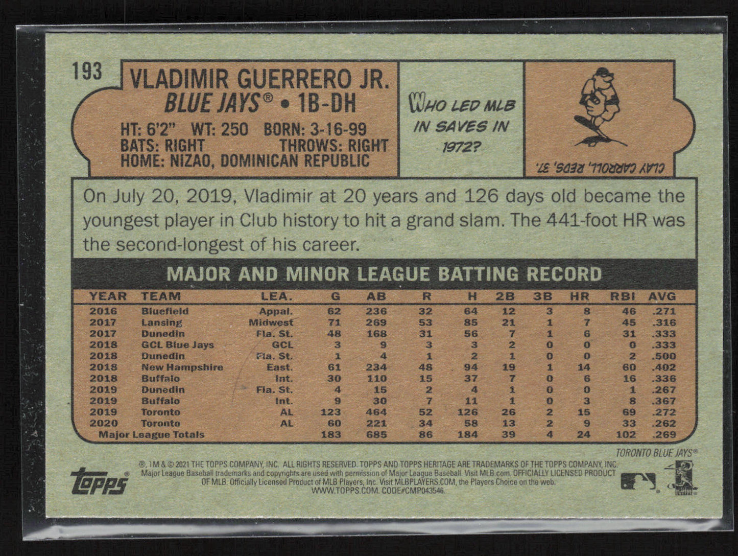 2021 Topps Heritage #193 Vladimir Guerrero Jr.