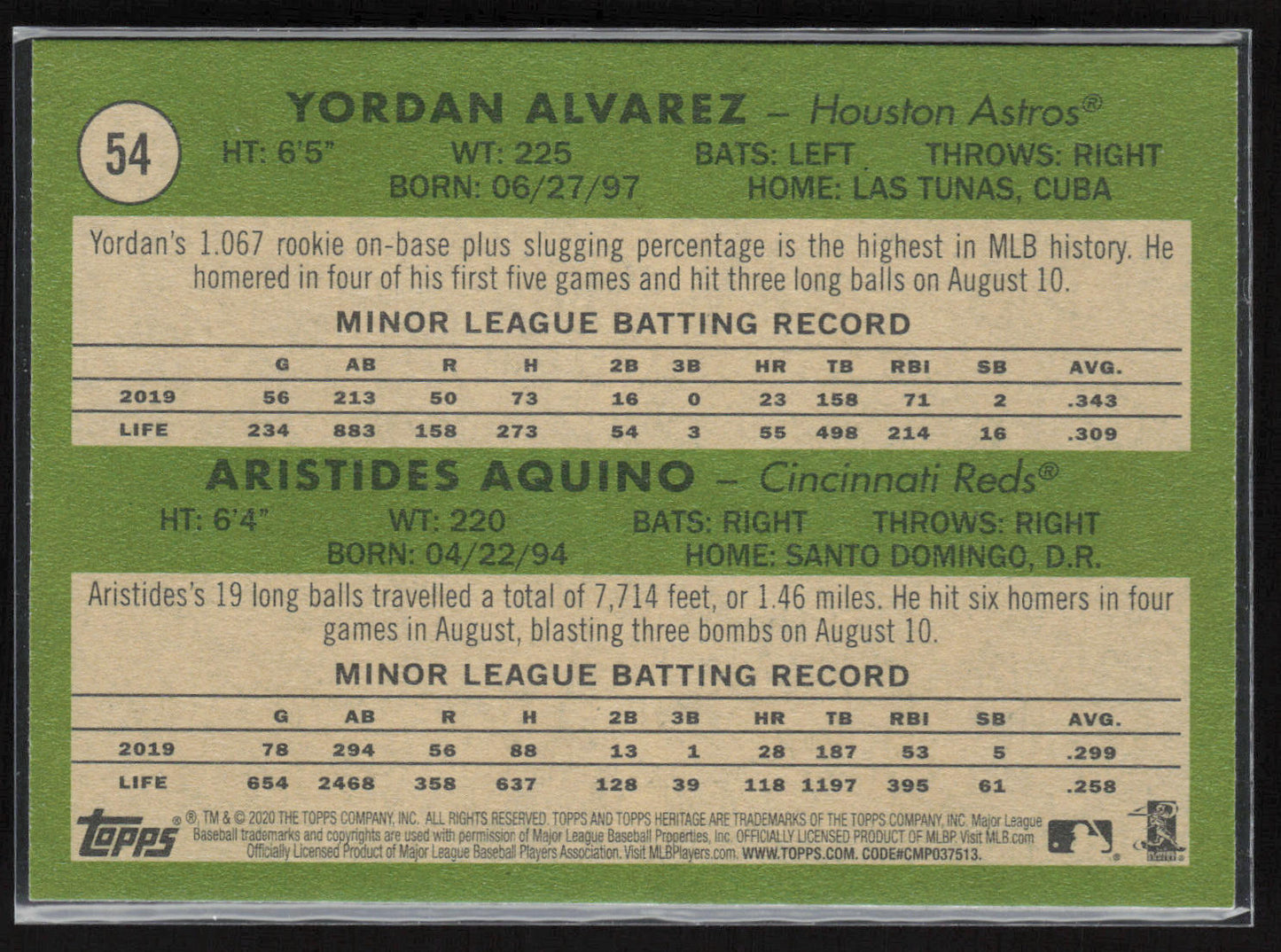 2020 Topps Heritage #54 AL/NL Rookie Stars (Yordan Alvarez / A. Aquino) RC