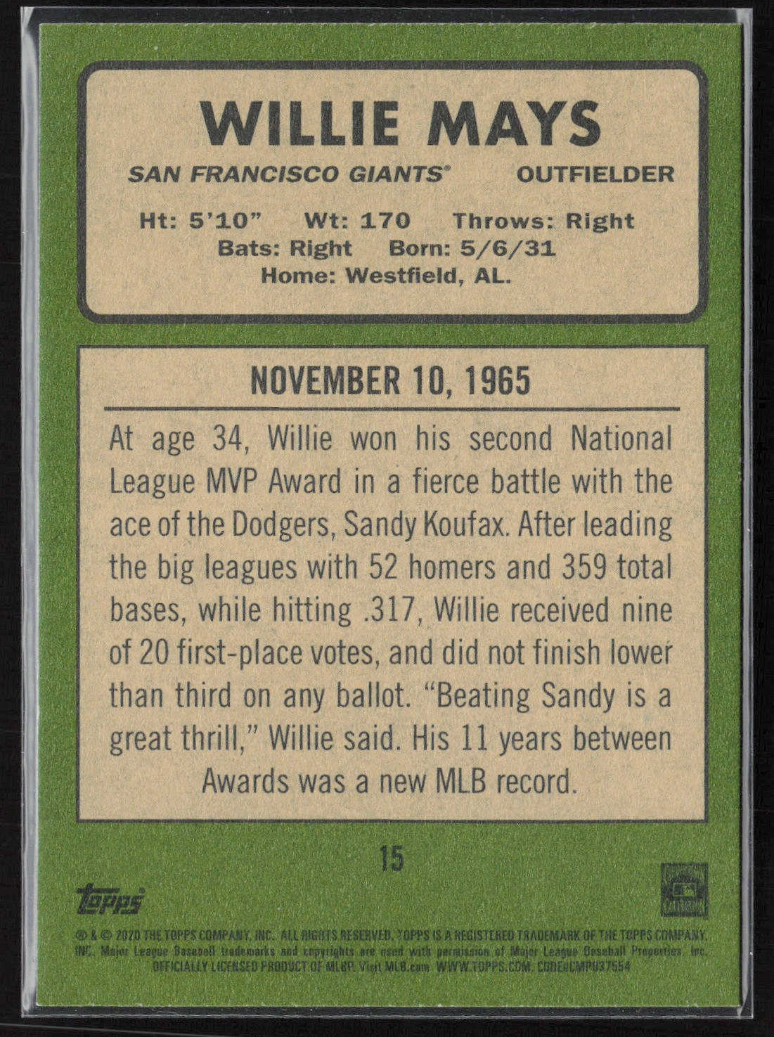 2020 Topps Heritage #15 Willie Mays 20 Giants Seasons