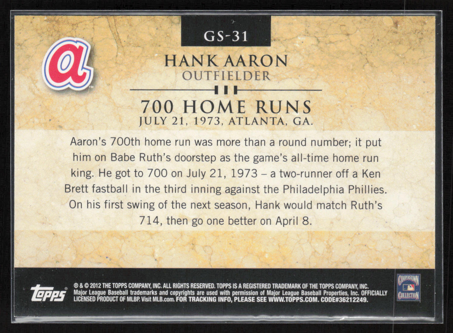 2012 Topps #GS-31 Hank Aaron Gold Standard
