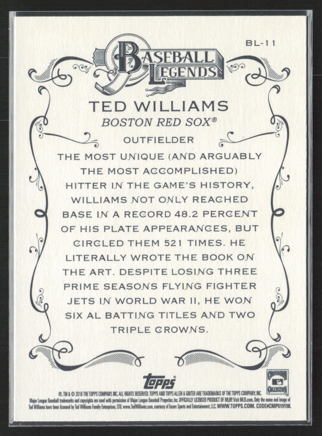 2016 Topps Allen & Ginter #BL-11 Ted Williams Baseball Legends